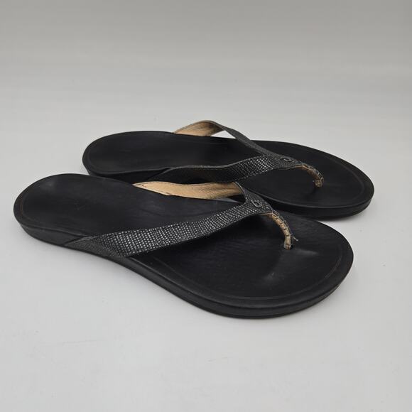 Olukai Flip Flops Womens 9 Gray Leather Hi’Ona New Pewter Thong Sandals - Picture 1 of 6